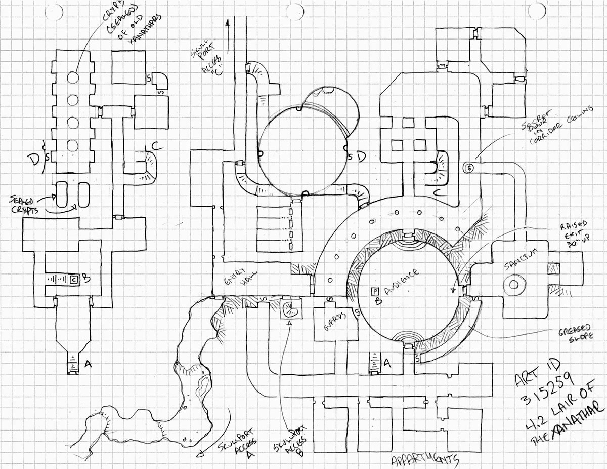DysonLogos's tweet photo. Three versions of the Xanathar's Lair that I drew - the original pencil sketch, the ink &amp; paper version that appeared in Dragon Heist (c) WotC, and a more recent isometric projection I drew a couple of years ago. https://t.co/pjv1GKrBgu