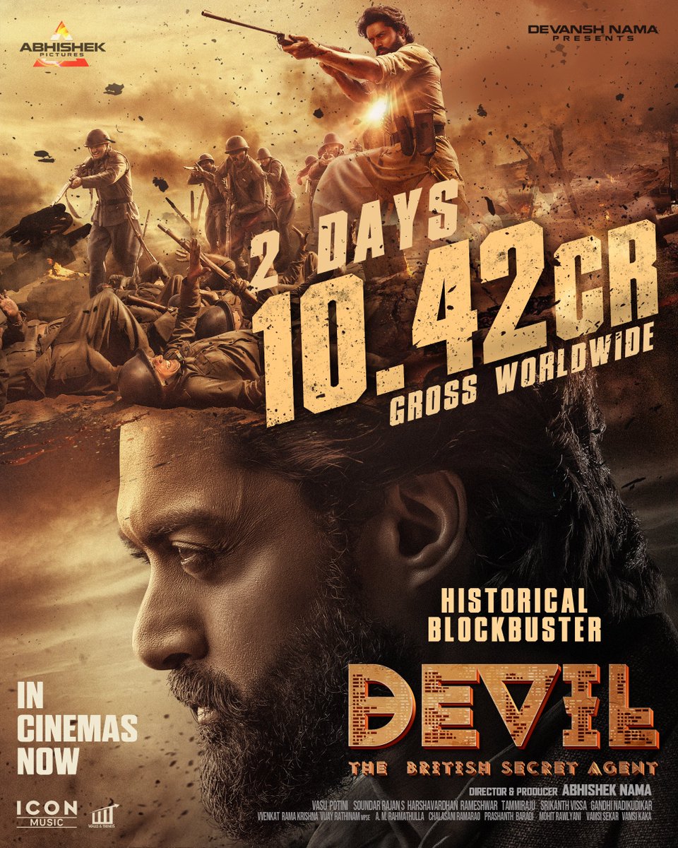 Devil_TheMovie's tweet photo. Agent #Devil packs a powerful strike at the Box Office! 💥

2 days worldwide gross soars to 10.42cr 🔥

Historical Blockbuster #Devil In Cinemas now💥

Book your tickets now! 🎫
https://t.co/2XM1FqohaT 

#DevilTheMovie
@NANDAMURIKALYAN
@iamsamyuktha_ #MalvikaNair
Directed & Produced by #AbhishekNama
@rameemusic 
@Iconmusicsouth @AbhishekPicture