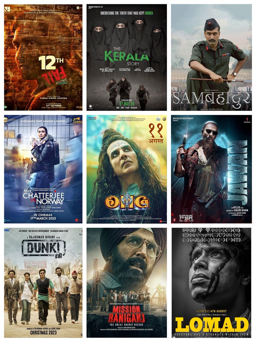 ISOHAMDUTT's tweet photo. Best Of 2023 From Hindi Films...
#12thFail #TheKeralaStory #SamBahadur #MrsChatterjeeVsNorway #OMG2 #Jawan #Dunki #MissionRaniganj #Lomad https://t.co/5PkDb3P4eD