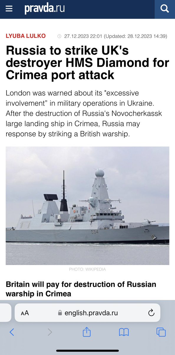 internetguy01's tweet photo. Russia through PravdaRu is threatening to strike at UK’s destroyer HMS Diamond by using the Houthi rebels as a proxy to strike w/ Russian anti-ship weapons, potentially in the next few days, in response to Ukraine destroying the #Novocherkassk landing ship according to reporting https://t.co/eOnPHbhd8C