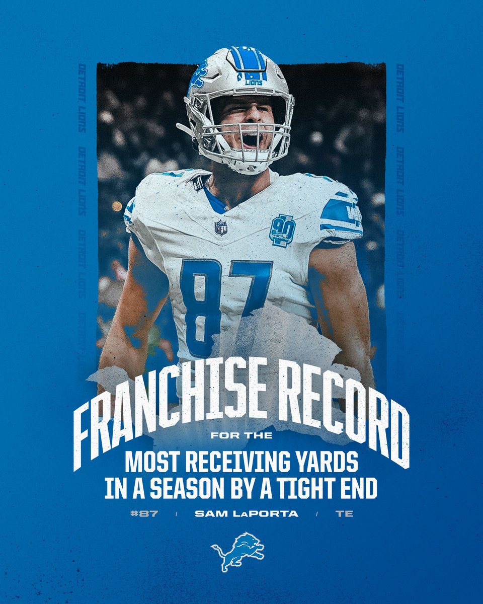 .@Lions TE @Samlaporta has established the new franchise record for receiving yards in a season by a Lions TE, passing the previous record of 777 set by Brandon Pettigrew in 2011. #OnePride