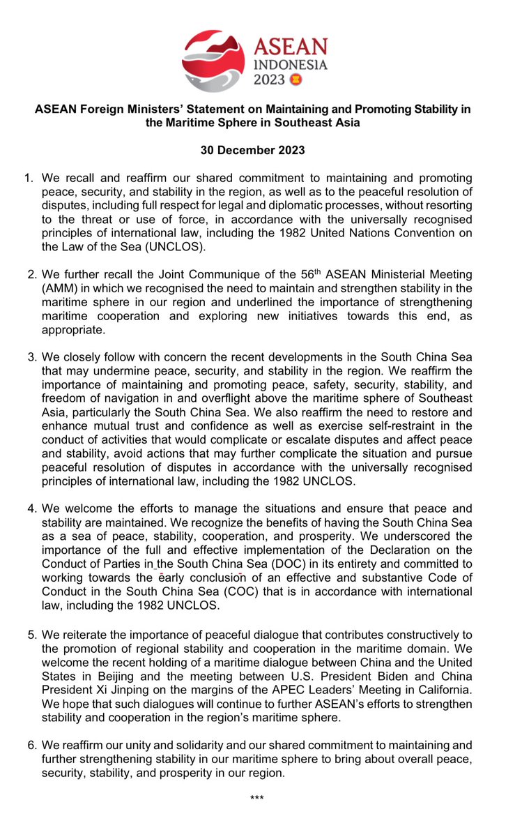 The long-awaited (and dare I say, unprecedented) ASEAN FM’s standalone statement on the South China Sea 👇🏻