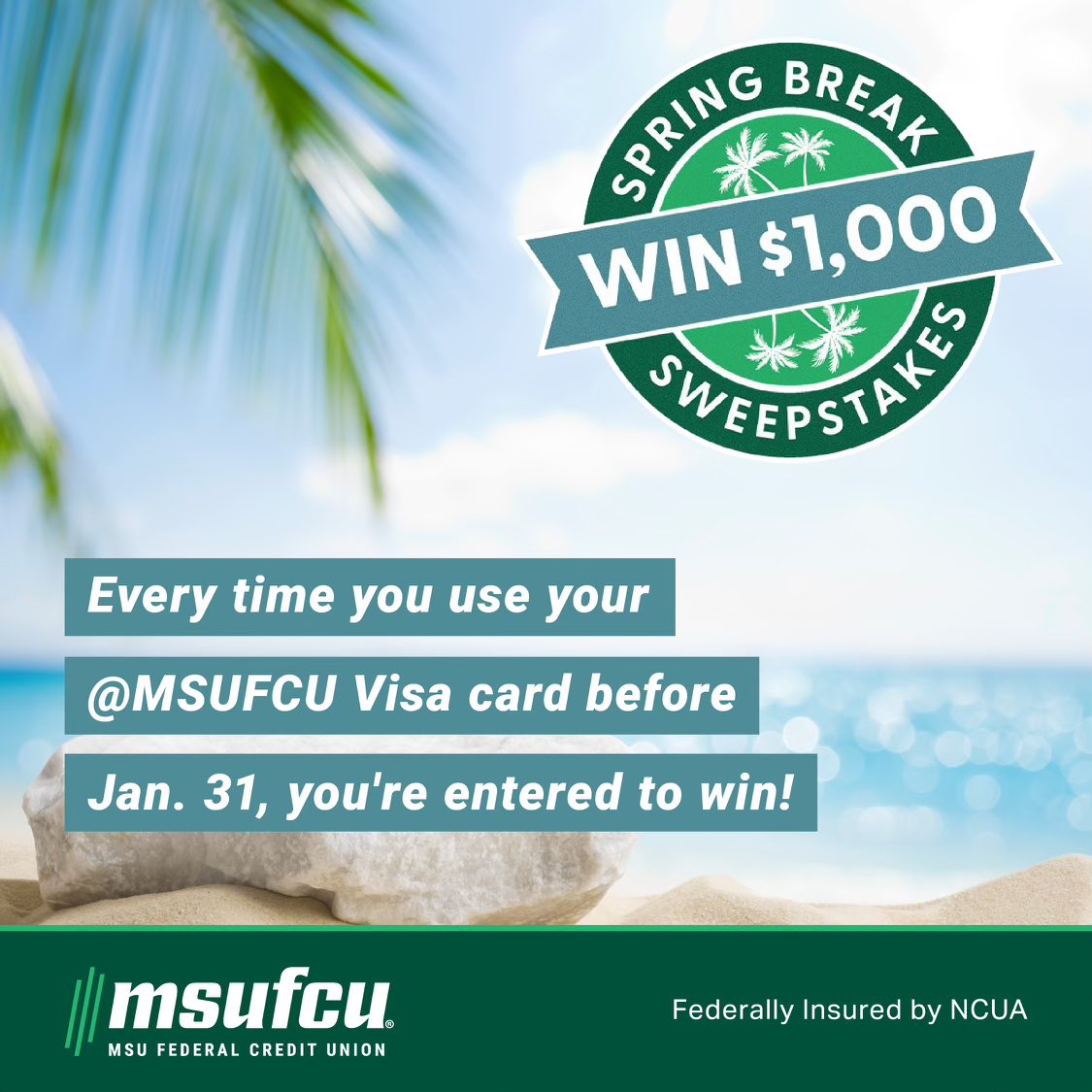 While I’ll be enjoying the balmy temps in Champaign, IL, at the end of February 🥶 , <a href="/msu/">joe</a> students should get in on <a href="/msufcu/">MSU Federal CU</a>’s Spring Break Sweepstakes. Check out the details at the link in my bio🔗 #Spartans #GoGreen #msufcu #dreamBIG #NIL #SpringBreak 
 msufcu.org/students