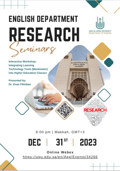 Join this workshop by the English Department of Umm Al-Qura University: 

December 31, 2023 (8.00 p.m.) 

uqu.edu.sa/en/App/Events/…