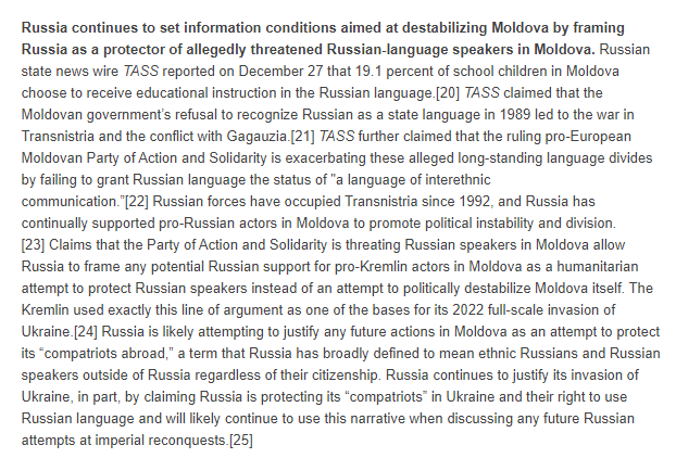 TheStudyofWar's tweet image. Russia continues to set information conditions aimed at destabilizing Moldova by framing Russia as a protector of allegedly threatened Russian-language speakers in Moldova. (1/2)