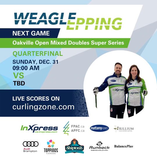 We’re into the quarterfinals of the Oakville Mixed Doubles Super Series! Admission is free at the Oakville Curling Club 🥌