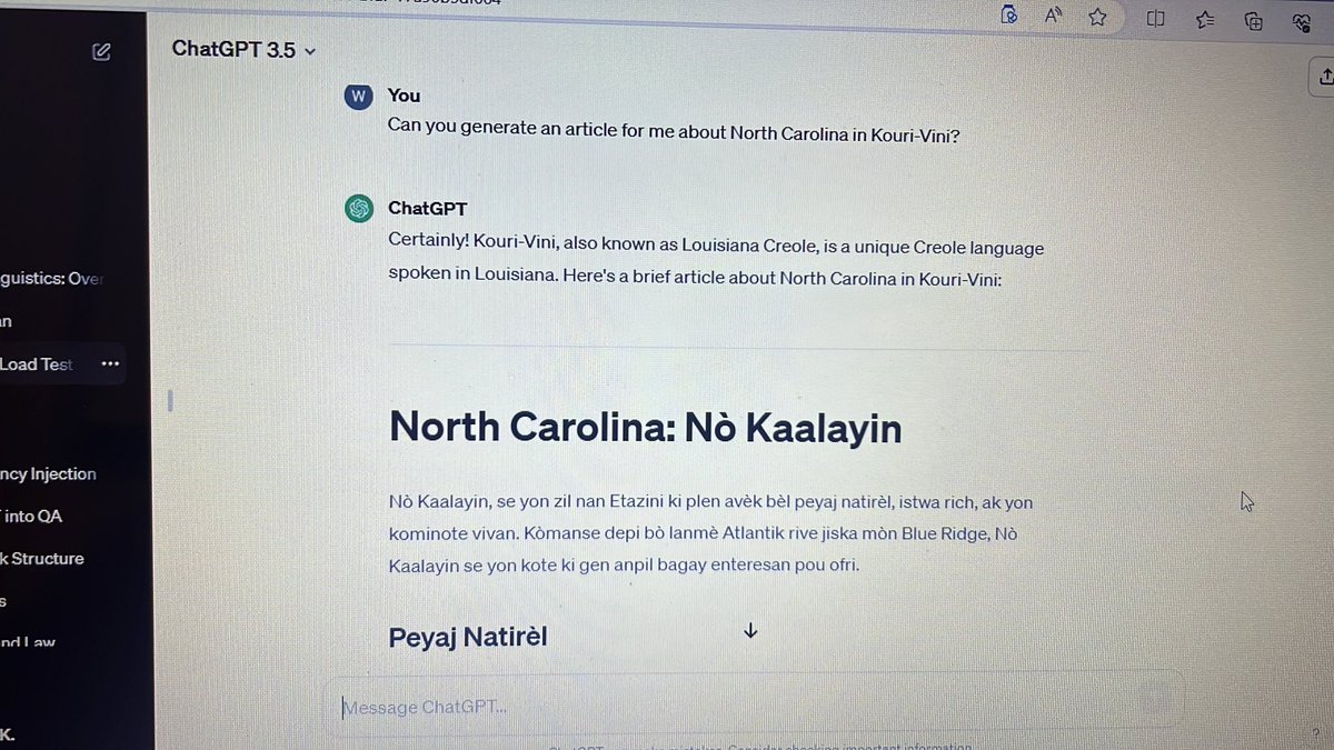 Mo pa pe krò ke chatgpt kapab fé traduction/fé zartik en kouri-vini 🤔 seems like some other variant than what you see on kouri vini twitter tho. It’s quite bizarre 😓 not sure “kaalayin” means “Carolina” tho but alrighty