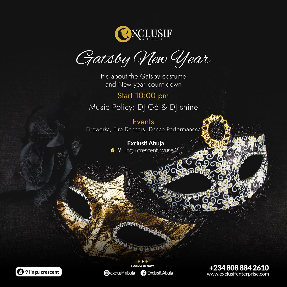 ExclusifAbuja's tweet photo. At midnight, we counting down to the new year at Exclusif Abuja, but before that letβs step back in time.
Join us tonight at a Gatsby extravaganza
Dress in your FINEST and be part of the collision between the past and future.
#twitter #lounge #abuja #crossover2023 https://t.co/fz9NpwRri3