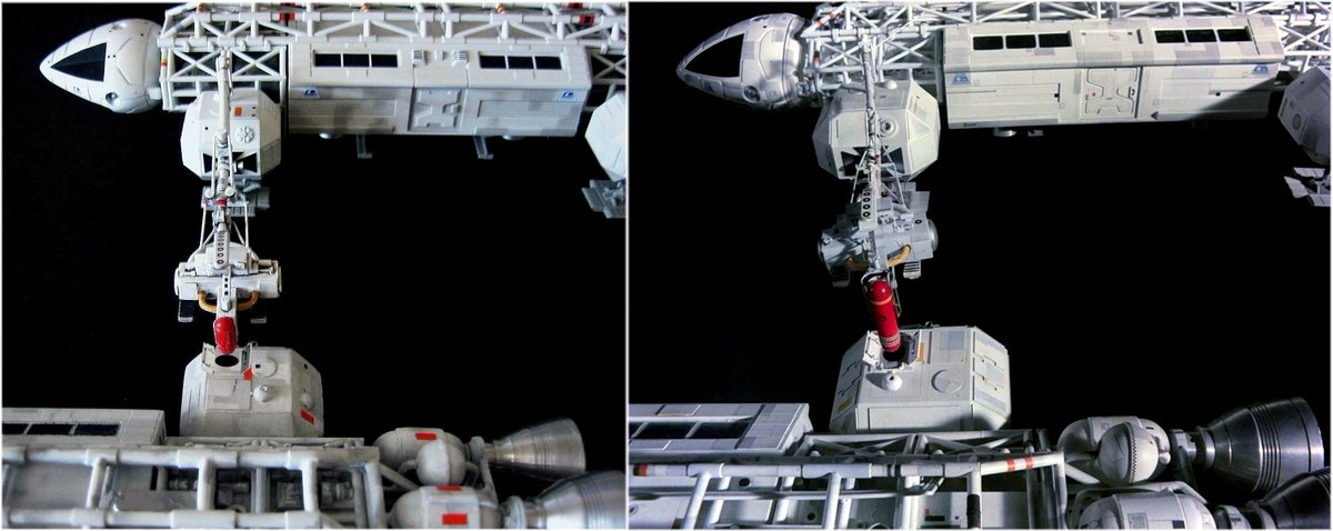 EagleAlpha1999's tweet photo. Another attempt at recreating a SP99 scene, this time the refueling op from 'Space Warp'. On the left are my 12" PE and Warp Eagles (with a Warp refueling arm and pod cel). Right shows the 44" Eagle 3 and 2. Pretty close, me thinks! 😉 #space1999 #spacewarp #eagle https://t.co/5ljFn9OIow