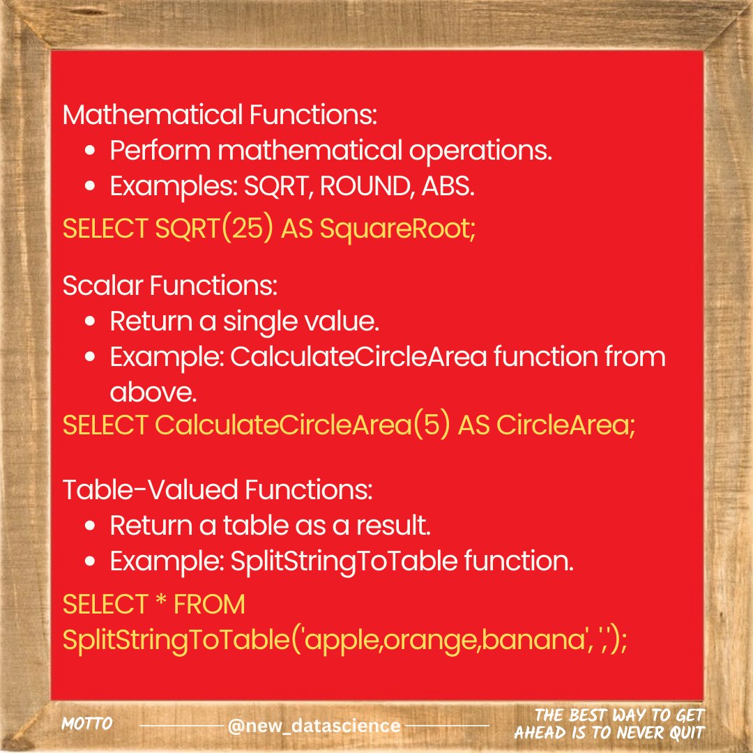 newdatadiary's tweet image. Follow @new_datascience for everyday learning! #SQL #Dataanalytics #Datascience #database #python #math #machinelearning