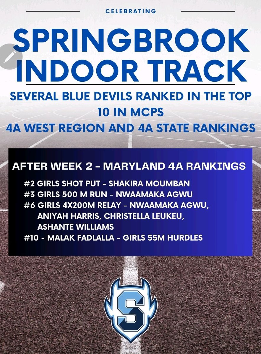 Celebrating our SBHS Indoor Track Program. Led by Coach Steele, several of our Blue Devils are ranked in the top 10 in Montgomery County. #BlueDevilPride