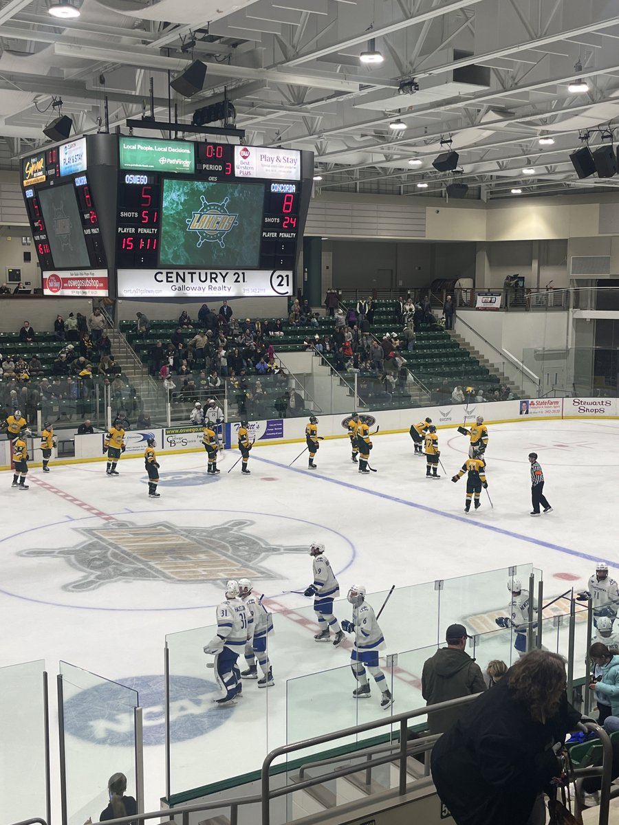DIIIHockeyNews's tweet photo. Upset Alert:

@CUWMHockey defeat @OswegoMHockey 8-5. 

Concordia with 3 shorthanded goals. 

Shots 51-24 Oswego. 

CUW faces @SUMustanghky tomorrow in the championship. 

Oswego faces conference-rival @CortlandMhky in the consolation.

#d3hky https://t.co/kJgzsi6gav
