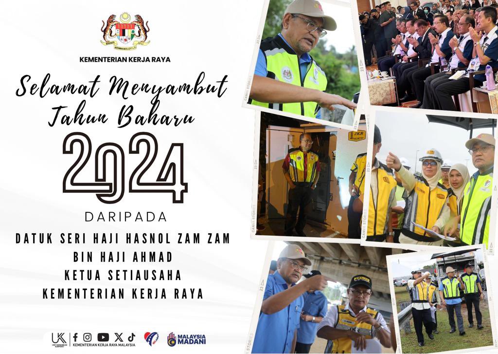 Selamat Menyambut Tahun Baharu 2024 buat seluruh rakyat Malaysia terutama kepada warga Kementerian Kerja Raya dan agensi di bawahnya.  

Jadikan tahun 2024 ini sebagai tahun untuk kita menjayakan hasrat dan inisiatif terbaik demi ke arah kesejahteraan rakyat.