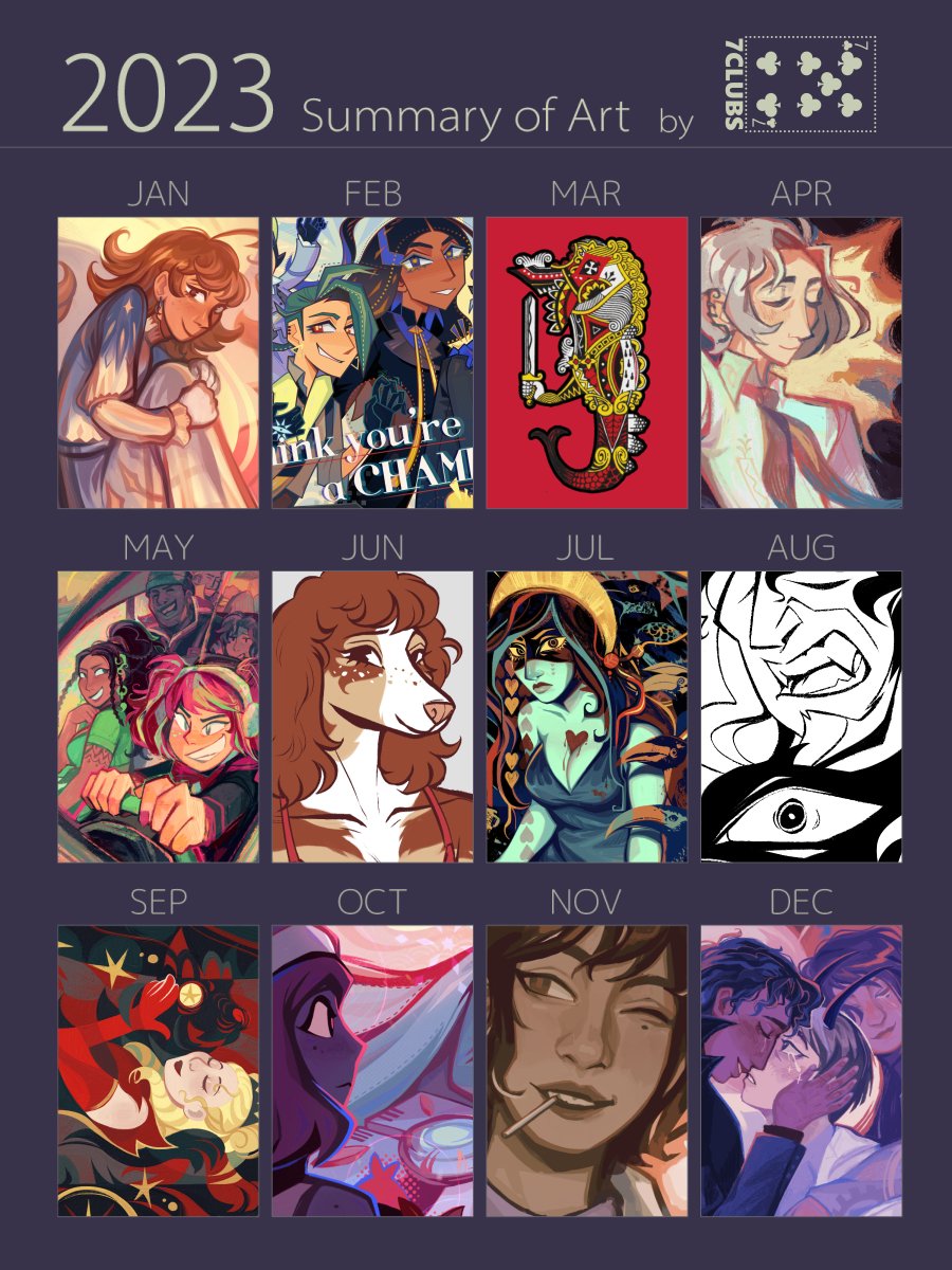 2023 art summary <3 I did a lot more painting/rendering this year......... not pictured: way too many comic pages