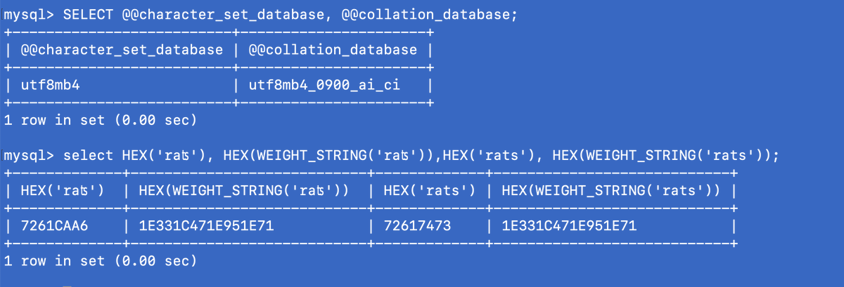 WTllew's tweet photo. @evilcos sql 里面字符串对比的时候，用的不是 unicode 本身，而是它们的 weights。 字符到 weight 的映射叫做 collation。mysql 使用的默认 collation 里面， ts 和 "ʦ" 的 weights 相等。 https://t.co/cX3Ohy8PEu https://t.co/UvEL5YY4Te