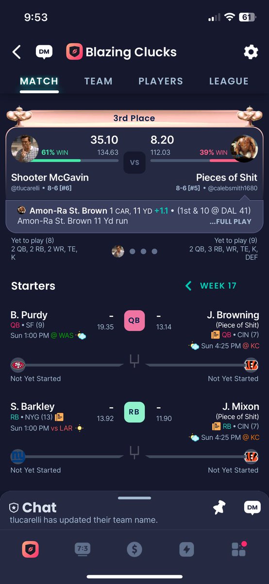 tlucarelli's tweet photo. @barstoolsports @spittinchiclets @AdamSandler 3rd place game and my opponent renamed everyone to POS. Changed mine to the only other logical name and now we’ve got an epic battle between Shooter McGavin &amp; Pieces of Shit https://t.co/hd6behlmgy