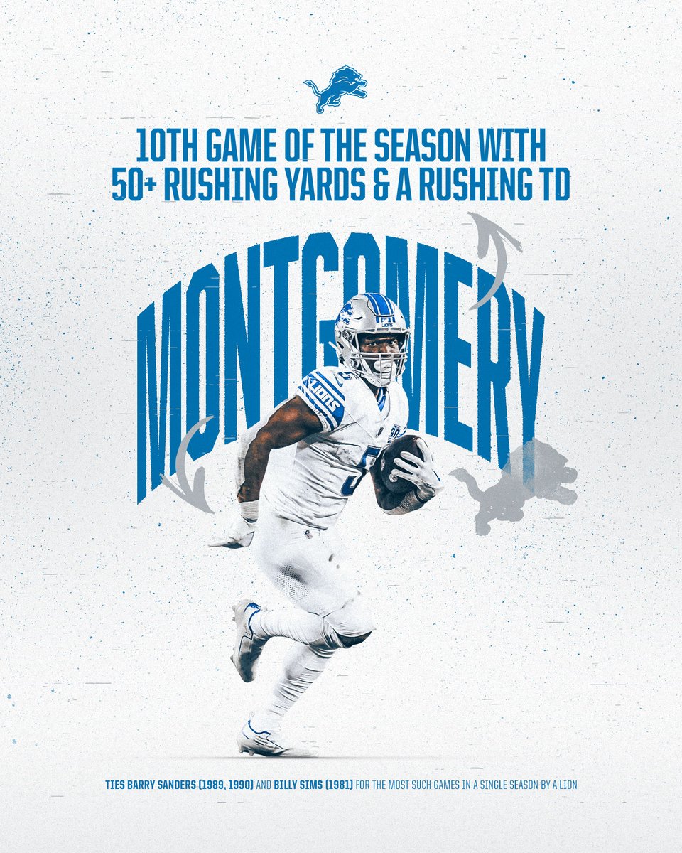 .@Lions RB @MontgomerDavid has produced his 10th game of the season with 50+ rushing yards and a rushing TD. This ties the franchise's single-season record. #OnePride