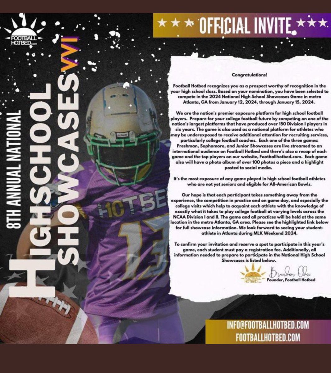 I’ll be attending the <a href="/FootballHotbed/">Football Hotbed</a> Showcase Game🔥‼️Thank You For The Opportunity. 🙏🏽

#Classof2026 #StudentAthlete
