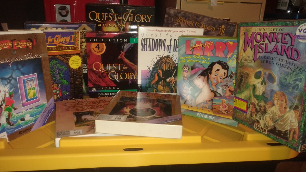 JustPlaying85's tweet photo. Most of my #boxed #Adventure games. I want QFG II and III badly.
#PCBigBox #BigBoxPC #PCGames #DOSGames #MSDos #DOS #AdventureGames #Sierra #LucasArts #RetroGames #Retro #PCGaming #PC #QuestforGlory #MonkeyIsland #KingsQuest #QFG #KQ #LSL https://t.co/baoOZYeWER