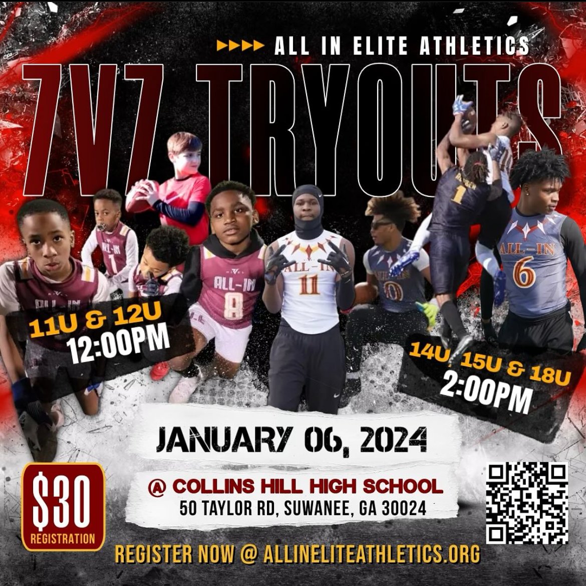 AIE's 7v7 season is around the corner. Final tryouts on Saturday, Jan 6. Register @ allineliteathletics.org‼