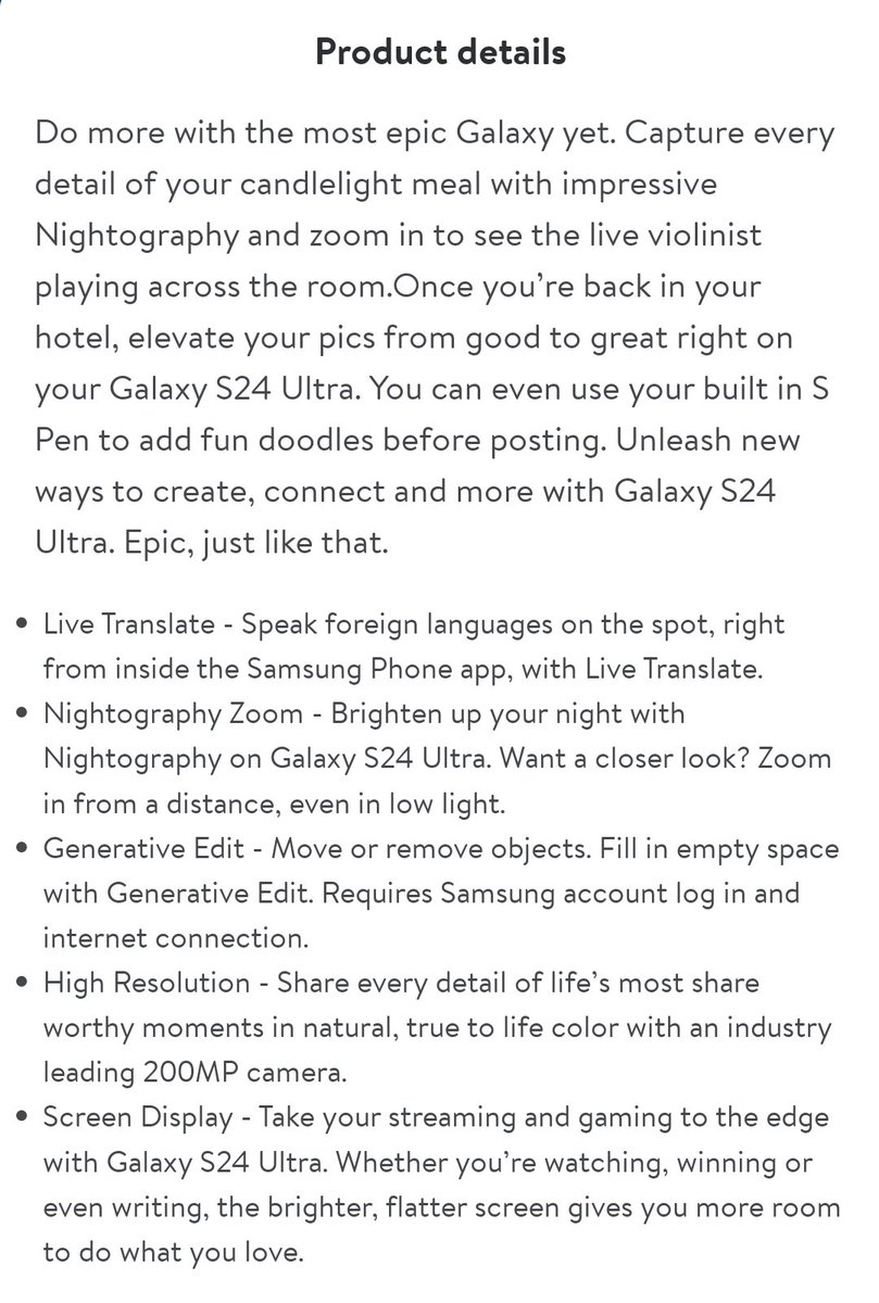 BennettBuhner's tweet photo. Galaxy S24 Ultra could be viewed on Walmart's webpage!!!

OMG, HILARIOUS!!!

It confirms 12 GB of RAM base finally, the new Titanium frame, the colors will be named after Titanium, and more! 

It also mentions amazing low light recording along with good zoom! 

Are you excited?!

View here (broken now I think): https://t.co/eD4mkrdXSb

#Samsung #GalaxyS24Ultra #GalaxyS24 #GalaxyS23Ultra #OneUI6