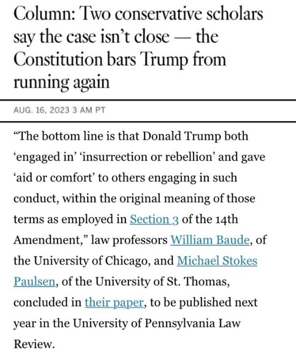 michael_ed75747's tweet image. It is clear from a literal reading of the #14thAmendmentSection3  that  #Trump is ineligible for office. No question. Two Federalist Society conservative (not Dems) scholars made the case. But I am torn; the BEST way to really stop Trump is to beat him - again - on Election Day.