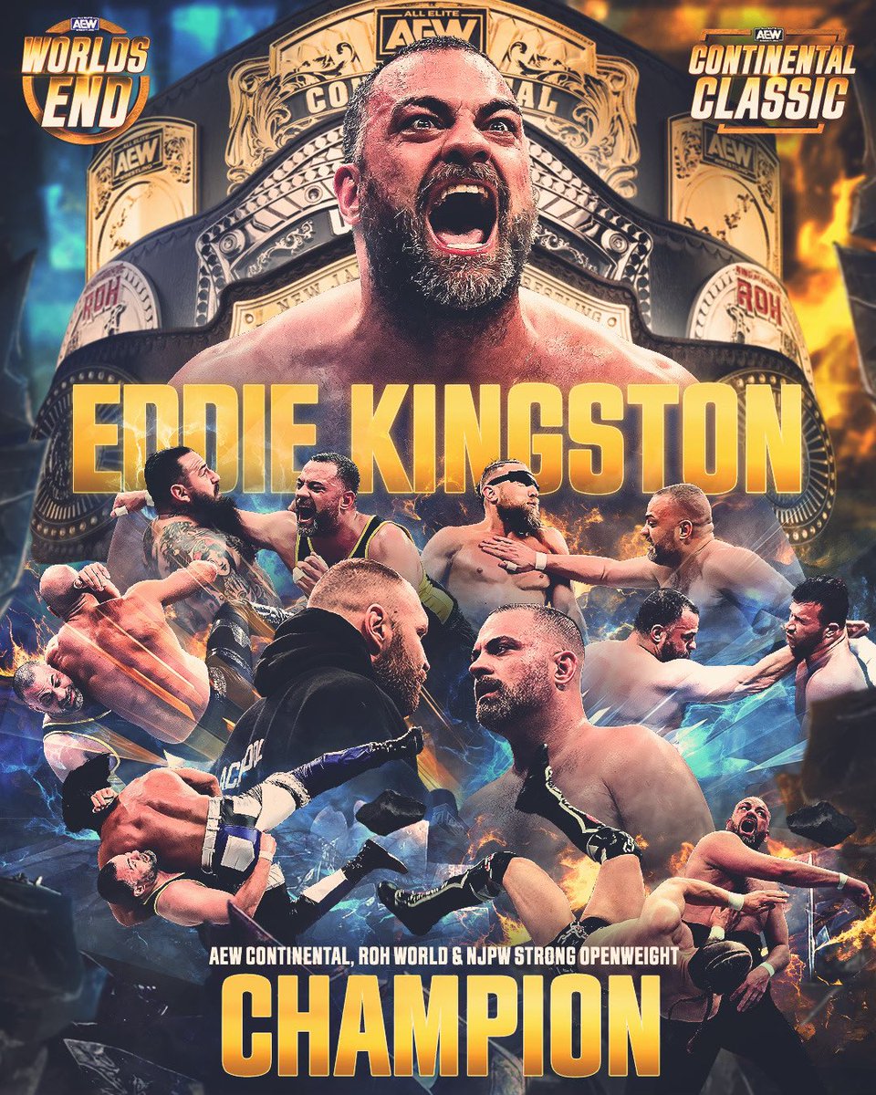 AEW's tweet image. #AndNEW!

#AEW Continental, #ROH World &amp;amp; #NJPW Strong Openweight CHAMPION

EDDIE KINGSTON!