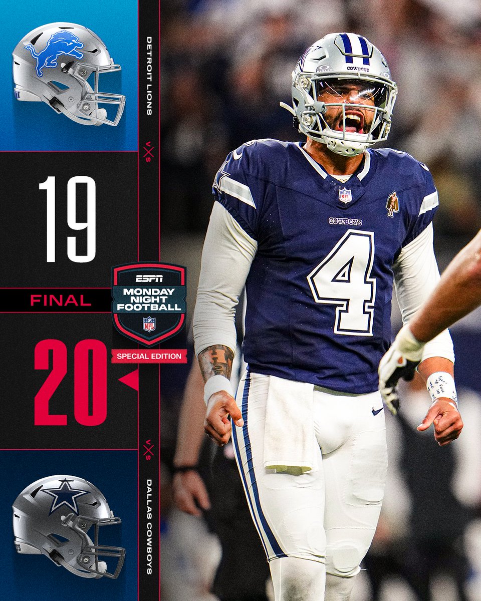 NFL's tweet image. FINAL: @dallascowboys win a thriller in front of the home crowd. #DETvsDAL