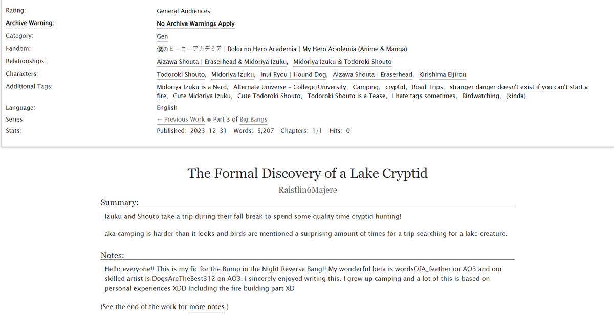 I have my piece for the Bump in the Night: MHA Crypid Reverse Bang!  Many thanks to my beta <a href="/adora__belle/">belles 💫</a> and our artist DogsAreTheBest312 on AO3  check them both out!!   Hopefully y'all like this as much as I liked working on it with my team!

archiveofourown.org/works/52676620