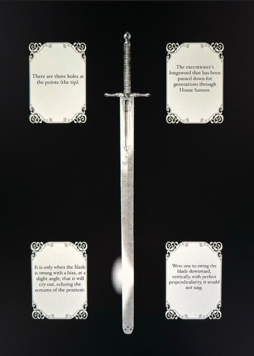 Charles-Henri Sanson
n°3 The Sword of Shadow
The executioner's longsword that has been passed down for generations through
House Sanson.
There are three holes at the pointe (the tip).
Were one to swing the blade downward, vertically, with perfect
perpendicularity, it would