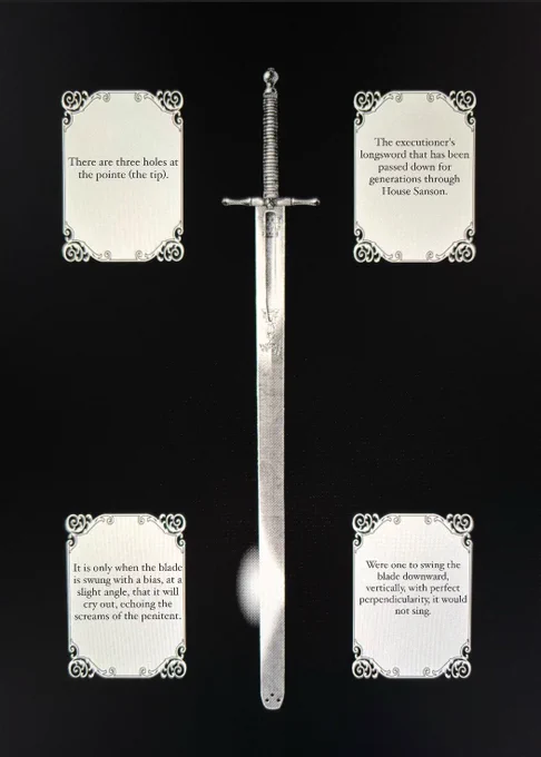 Charles-Henri Sanson

n°3 The Sword of Shadow

The executioner's longsword that has been passed down for generations through
House Sanson.

There are three holes at the pointe (the tip).

Were one to swing the blade downward, vertically, with perfect
perpendicularity, it would 