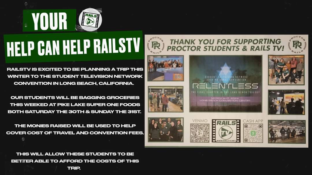 When you are out shopping for your 2023 New Years Eve party on Sunday, you have the opportunity to help our RailsTV students. They will be at Pike Lake Super One bagging groceries from 10:30am to 2pm to raise funds to help cover the cost for our trip!