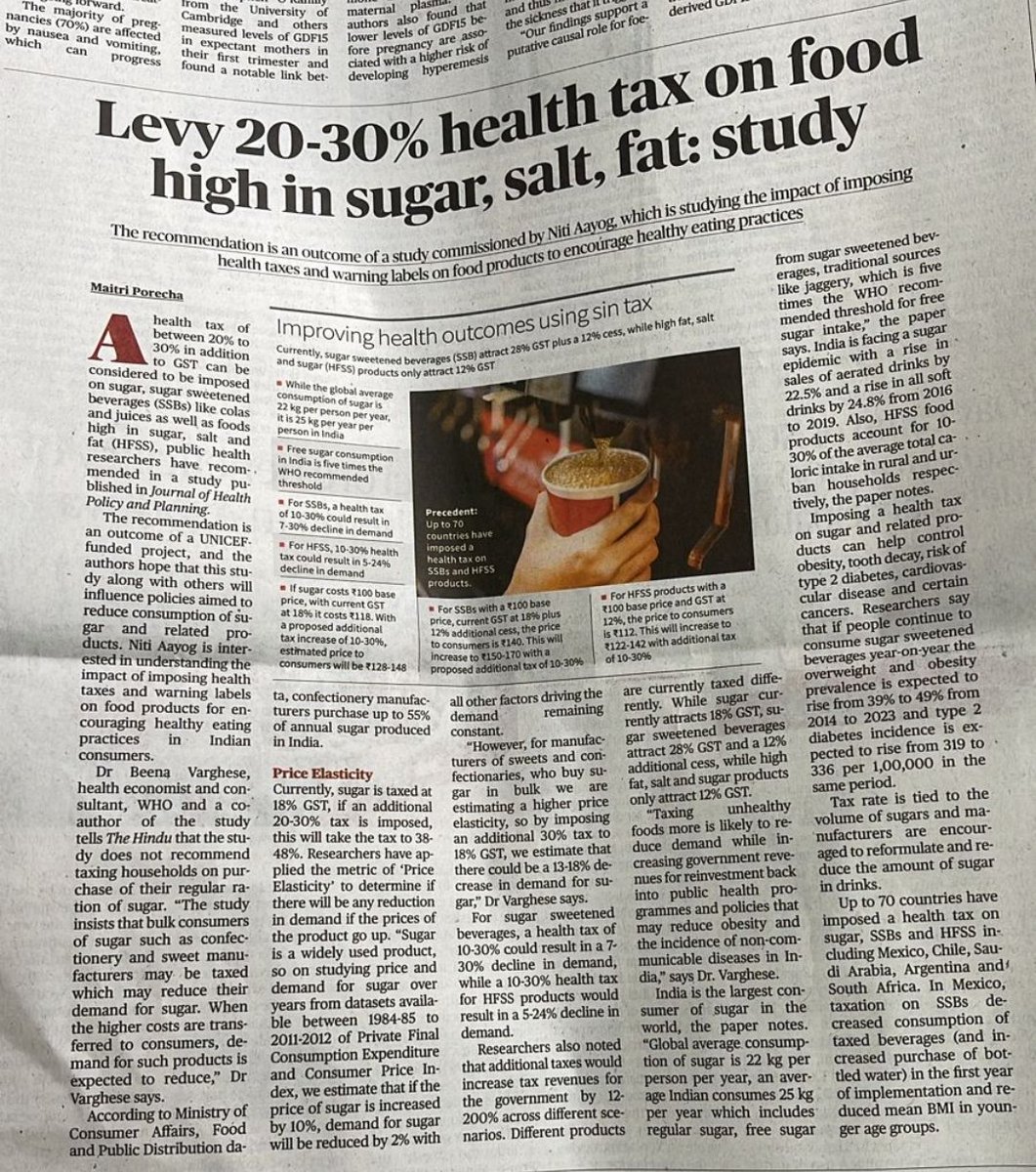 Levy 20-30% health tax on food high in sugar, salt, fat: study also need investment in #NutritionLiteracy thehindu.com/sci-tech/scien…
@Moveribfan @NeelaSaldanha 
@SBarquera @patralekha2011 
@jamuda_ranglal @sujeetranjan
@basantak  @KavitaDatt @kavyasvoice @sak