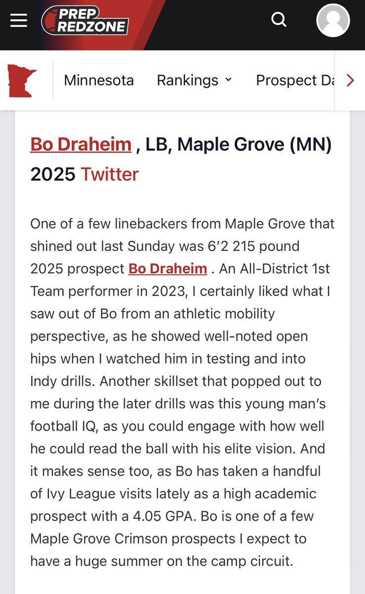 Thank you for the write up, and naming me All Testing Team from the showcase! <a href="/PrepRedzoneMN/">Prep Redzone Minnesota</a> <a href="/NWahlScouting/">Nate Wahl</a> <a href="/OJW_Scouting/">PrepRedzone Oliver</a> 

<a href="/spurrlyman/">Adam Spurrell</a> @lombocrimson <a href="/Crimsonfootball/">Crimsonfootball</a>