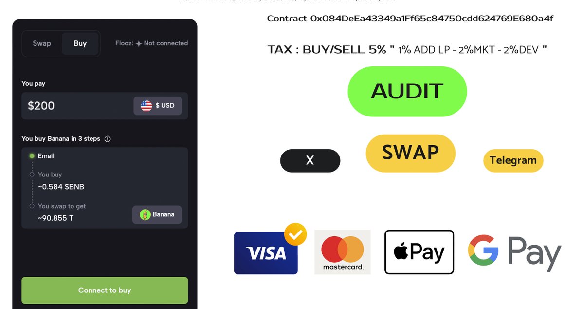 BananaTokenBSC's tweet photo. 🟡 Partner announcement:
#Banana x #Flooz

We have expanded our cooperation to integrate payments in US currency - Now you can buy #Banana by connecting your wallet and using Visa/Mastercard - ApplePay -GooglePay to buy #Banana. 💵 https://t.co/hamSZzausF
