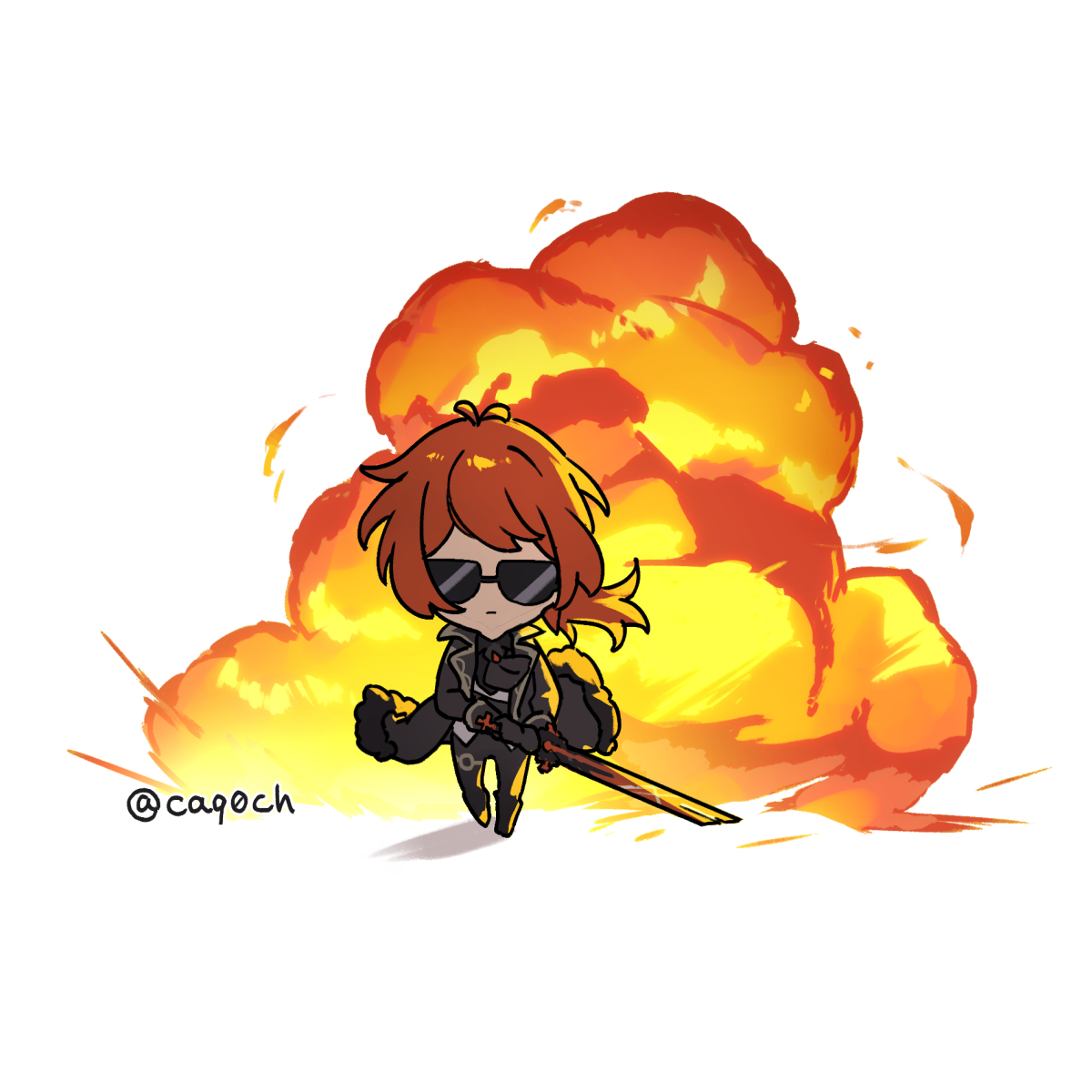 diluc (genshin impact) 1boy male focus weapon sword sunglasses red hair explosion  illustration images