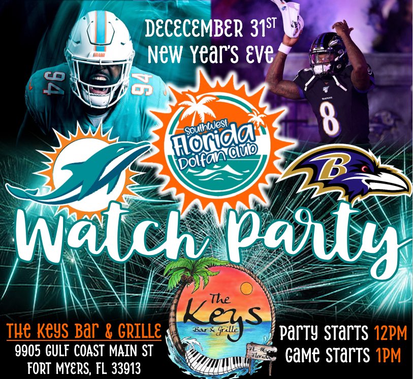 dolphreaky's tweet photo. I am finding people in the #SWFL area that STILL don’t know we exist so here we go … THIS is THE watch party to be at if you live in #naples #fortmyers #capecoral #estero #bonitasprings #marcoisland or any other area of #SouthwestFlorida!! Yes I’m hashtagging like a mad woman because there should not be a single Dolphins fan watching this game alone tomorrow that doesn’t want to!!!! Typically our watch parties roll 100+ deep. I have some incredible raffle prizes lined up. My admins and I are going to throw down hard for the last watch party of the regular season. Tag a friend from SWFL!! Let’s go Dolphins 🐬 @swfldolfanclub