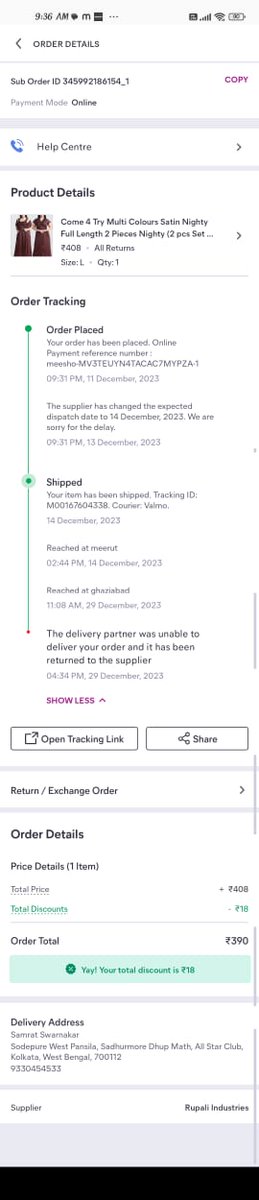 SAMRATSWARNAKAR's tweet image. Hi @viditaatrey #mesho

have ordered a product on 11-Dec-23, I made online payment in advance &amp;amp; delivery date was 23-12-23. Today 31-Dec-23 but till now I didn&apos;t receive it, several times I have tried to reach your help line no. but not getting any response.Pathetic service.