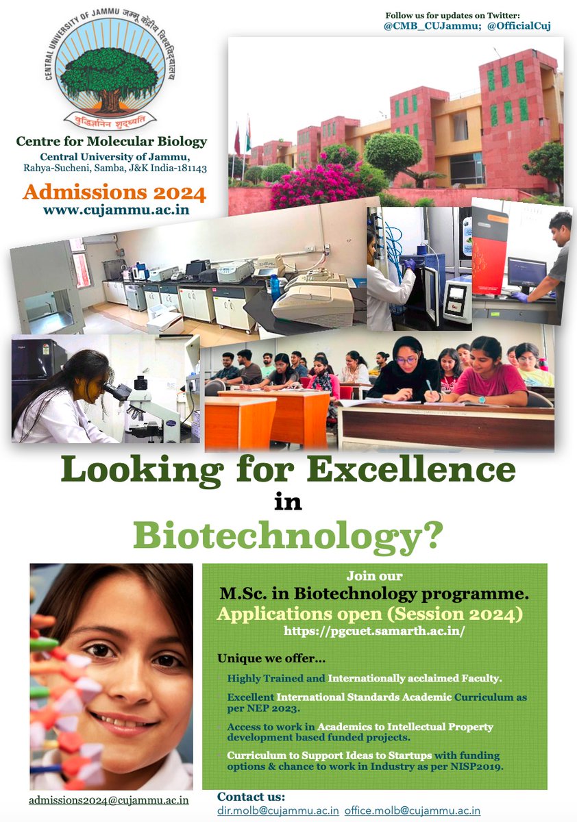 CMB_CUjammu's tweet photo. R u graduating this year, it is never early to plan ur career.
If U r interested in a career in #Biological Sciences? Here is our #admissions2024 call in https://t.co/u3eMEJRSBN. at #CUJammu
Future is in #Biotechnology, what are you waiting for? Visit https://t.co/qKngsYkAo2 https://t.co/niuT6fYwhn