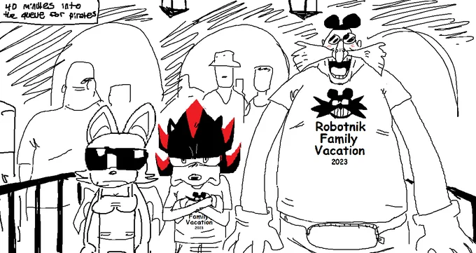 ko-fi request: "Can I get the SA2 Dark Side gang (Shadow the Hedgehog, Dr.Eggman, Rouge the Bat) waiting in a theme park ride line. They're 40 minutes in already. Their mood/any conversation/any merch/outfits is up to you. Thanks!!"