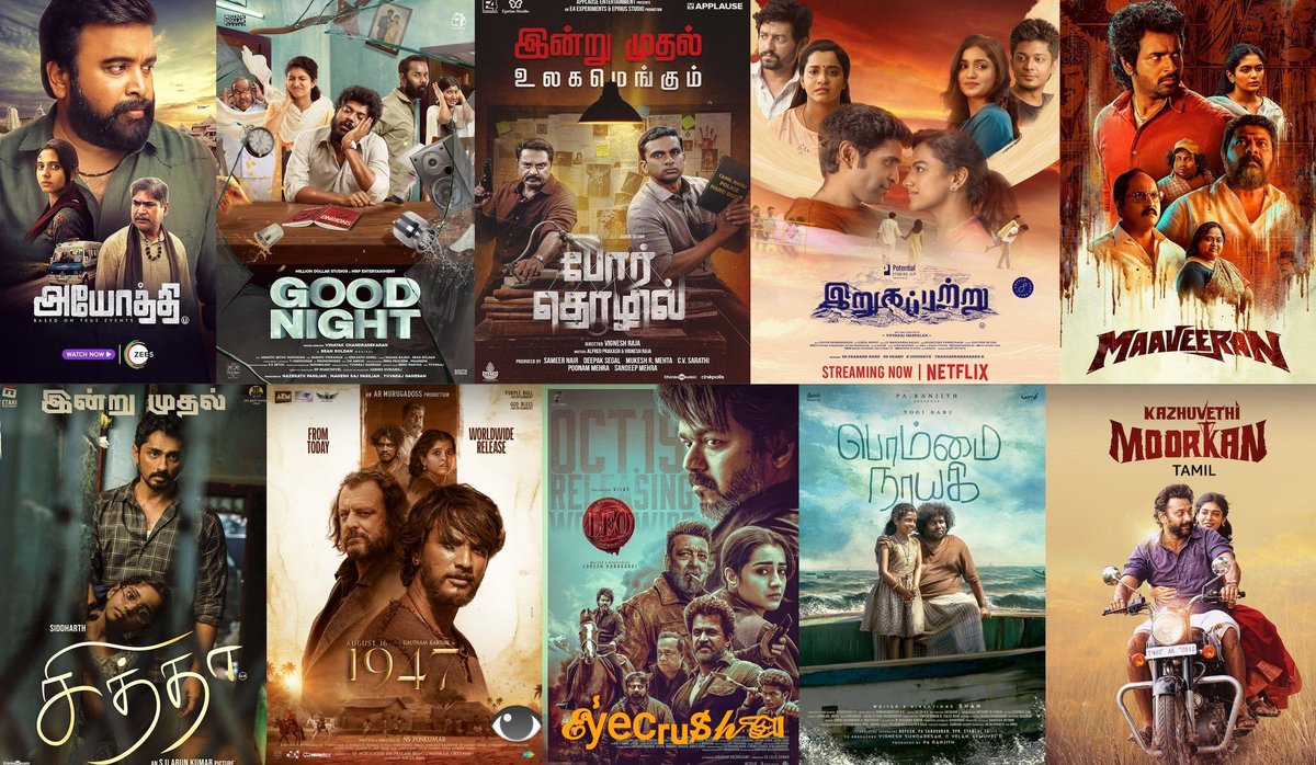 My Fav Top 10 Tamil Films - 2023 
♥️

1. #Ayothi
2. #GoodNight
3. #PorThozhil
4. #Irugapatru
5. #Maaveeran
6. #August161947
7. #Chiththa
8. #Leo
9. #BommaiNayagi 
10. #KazhuvethiMoorkan