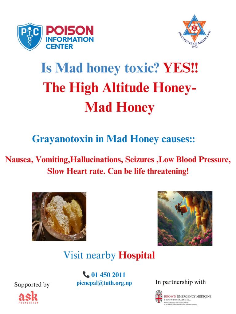 Honey has been used as a folk medicine since 2100 BC; however, mad honey is different from normal natural or commercially available honey as it is contaminated with grayanotoxins, which leads to intoxication/poisoning upon consumption.  #madhoney #poisoninformationcenter