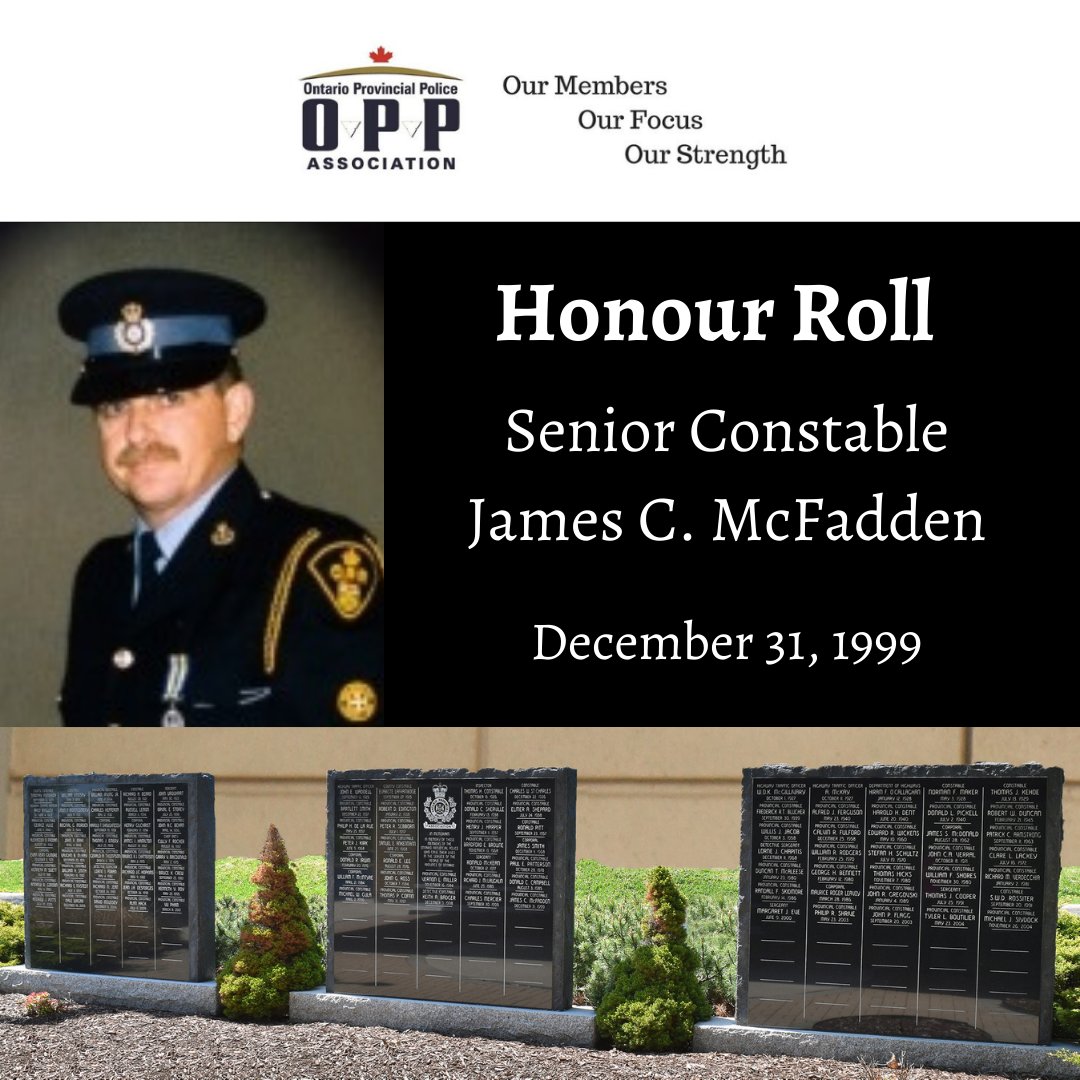 On New Year's Eve December 31, 1999 OPP Senior Constable James C. McFadden Badge #5193 died in the line of duty when his police cruiser was struck from behind while on a traffic stop in the Chatham-Kent area. His service and sacrifice will always be remembered. #HeroesInLife