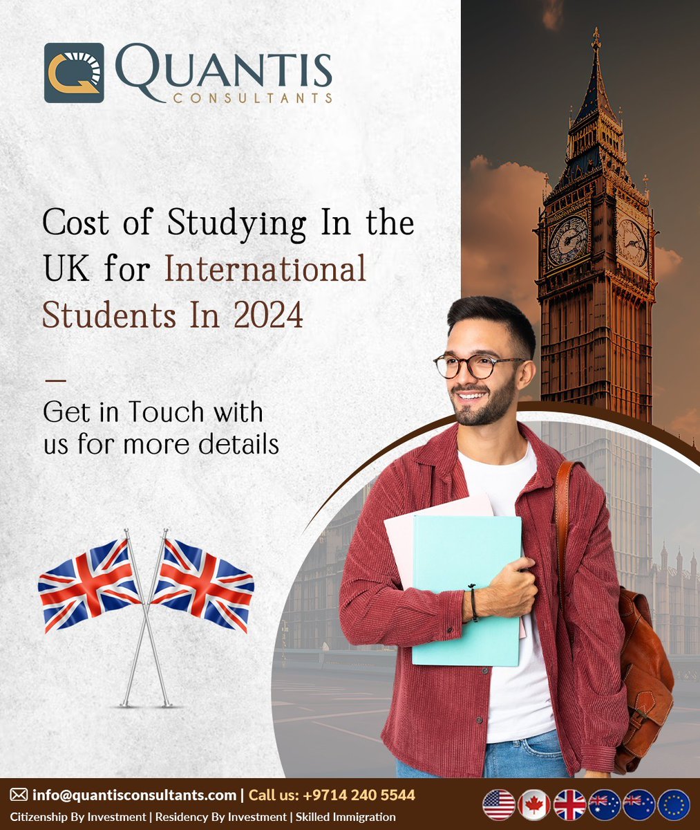 QuantisUAE's tweet image. Get a clear understanding of the expenses!

Quantis Consultants provides comprehensive details about the cost of studying in the UK for international students in 2024.

Call us at: 📲+971 4 240 5544

#Quantisconsultants #immigration #visa #immigrants #migration #SkillAssessment