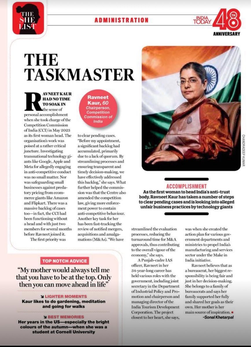 Heartfelt congratulations @ravneetkaurpb on being featured among the top 100 women achievers of India!

Your accomplishments are a testament to your dedication and excellence.

Ma’am your leadership as the Chairperson of @CCI_India is truly inspiring.
#leadership #competitionlaw