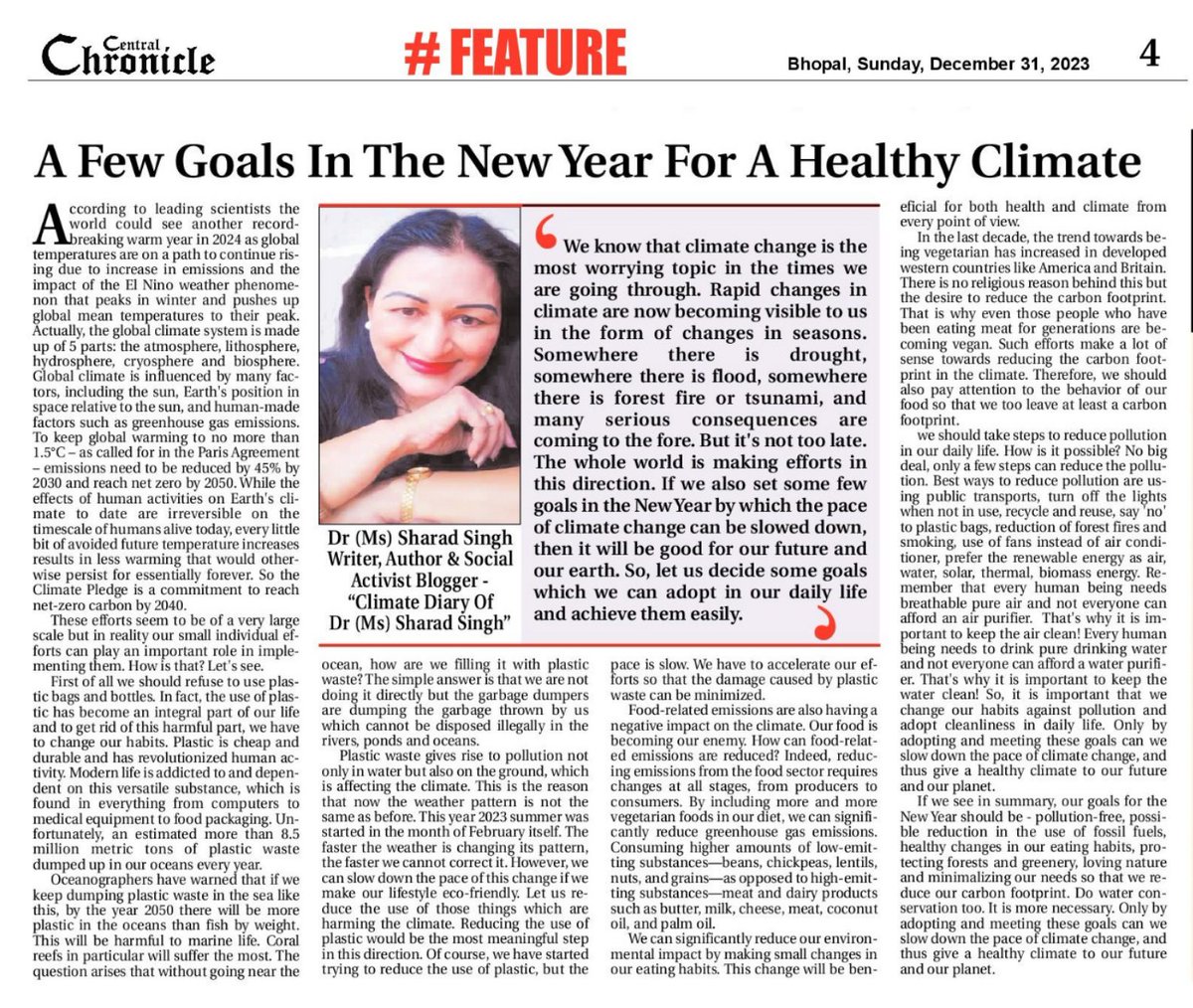 MissSharadSingh's tweet image. Article | Few Goals In New Year For Healthy Climate | Dr (Ms) Sharad Singh
Read in my Blog
sharadclimatediary.blogspot.com/2023/12/articl…
In my Facebook 
m.facebook.com/story.php?stor…

#climatechange  #MyClimateDiary 
#UNClimateChange 
#savetheearth
#CentralChronicle
#DrMissSharadSingh