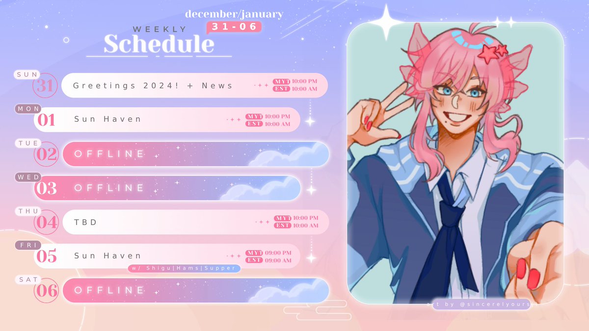 AxelAxotis's tweet photo. 🪸 Weekly Schedule

First schedule for 2024! There's also some announcement after we celebrate new year together!

📐: @/moonys_designs
🎨:@/sincerelyoursji
Art#⃣: #artxotis

※Pls be aware of possible schedule changes

#ENVtubers #VtubersUprising #MalaysiaVtuber https://t.co/kGkVw4LSGY
