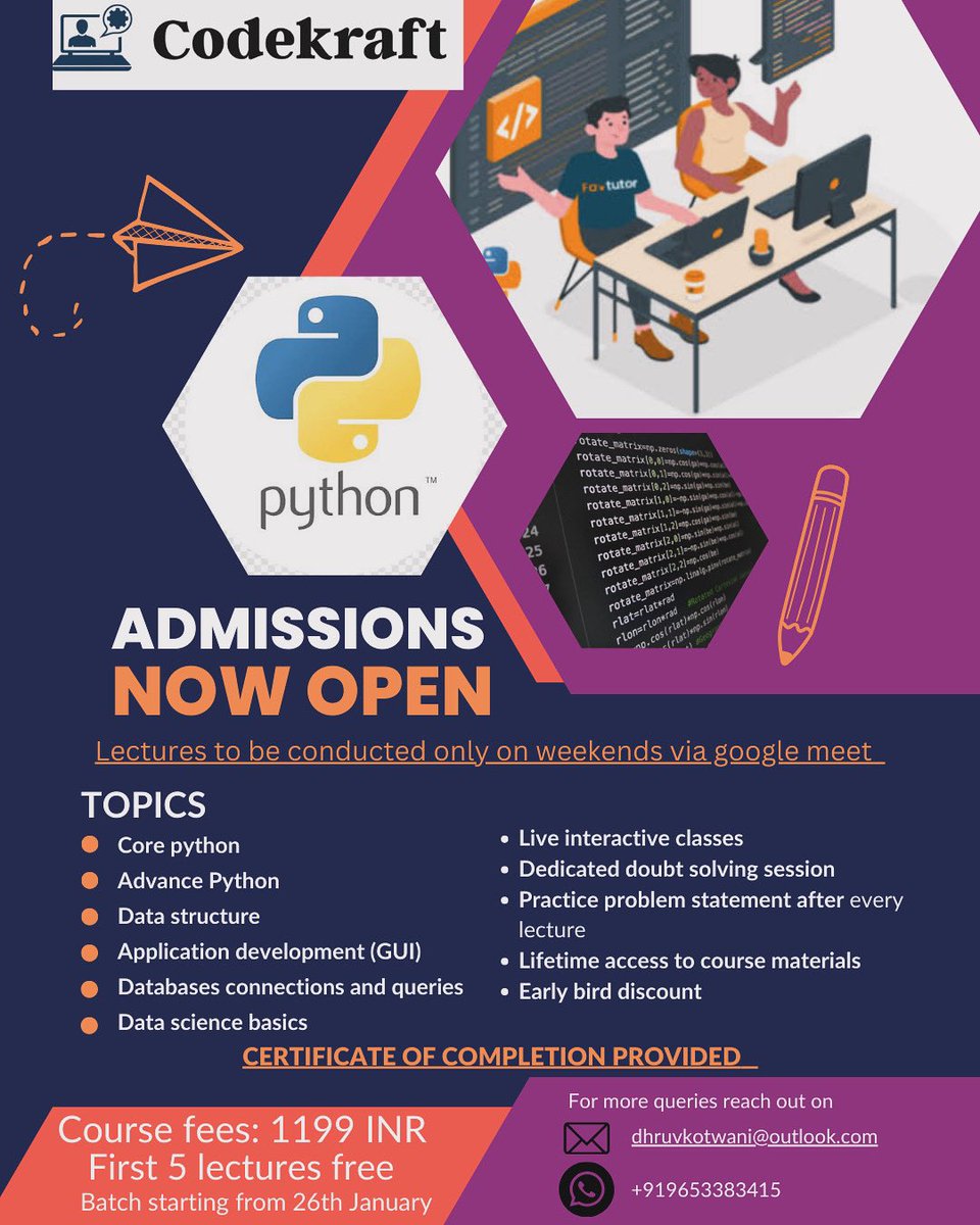 Dhurv_Kotwani's tweet image. Unleash the power of Python! 🐍✨ Join our Python classes for an immersive coding experience. From basics to brilliance, let's script your success story together. 💻🚀
#PythonMastery #CodeWithConfidence #LearnToCode #pythonprogramming #Python #python
#Coding