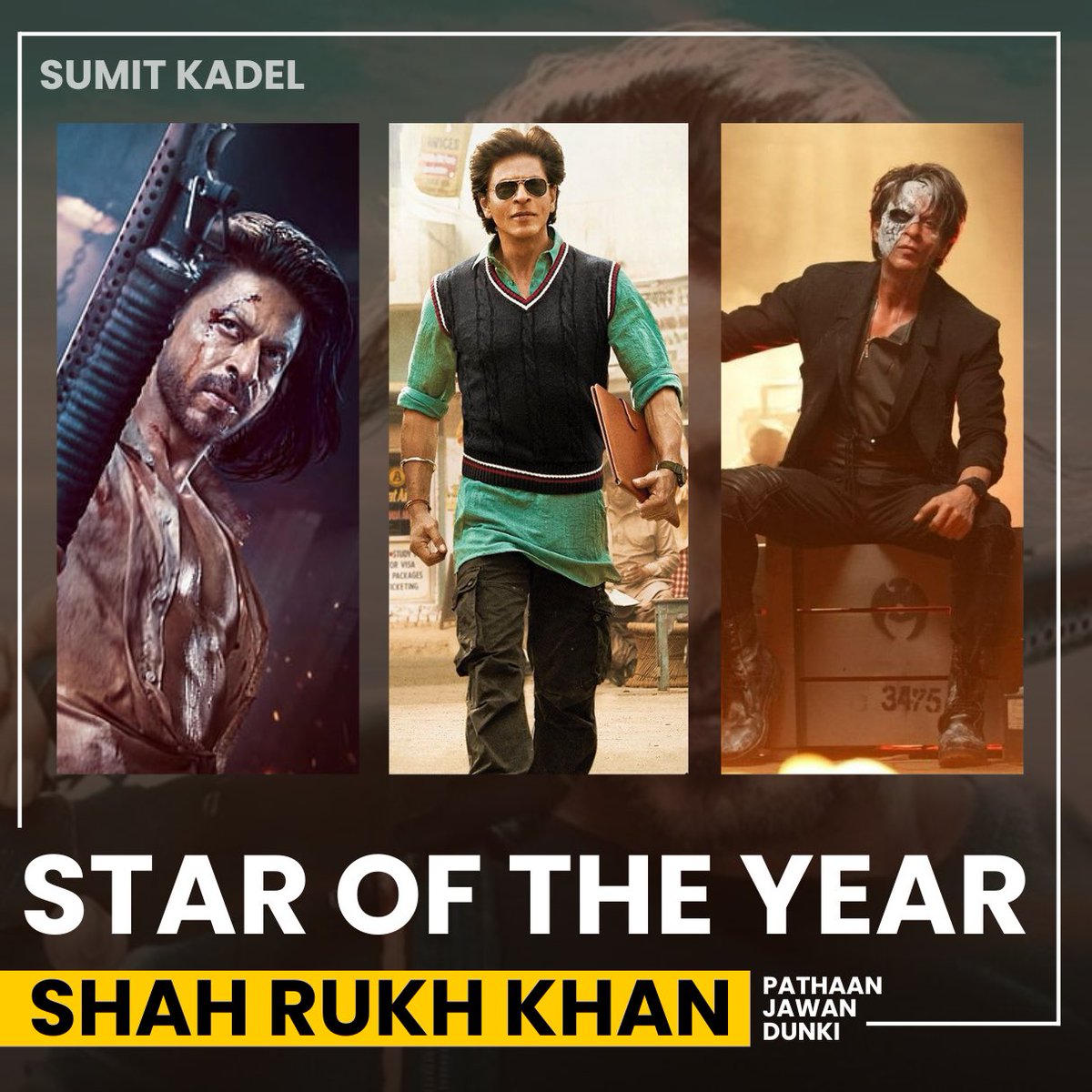 SumitkadeI's tweet photo. STAR OF THE YEAR 2023

#ShahRukhKhan FOR HIS CONTRIBUTION OF 2500 CR+ GROSS WORLDWIDE IN A SINGLE YEAR WITH #Jawan  #Pathaan &amp; #DUNKI 

2 500 Cr Club Films India 
2 1000 cr Club Films Worldwide
1 600 Cr CLUB FILM INDIA ( All Langs) 

THIS LEGENDARY RECORD WILL STAY FOR YEARS !! https://t.co/Q6Ro2sc07P