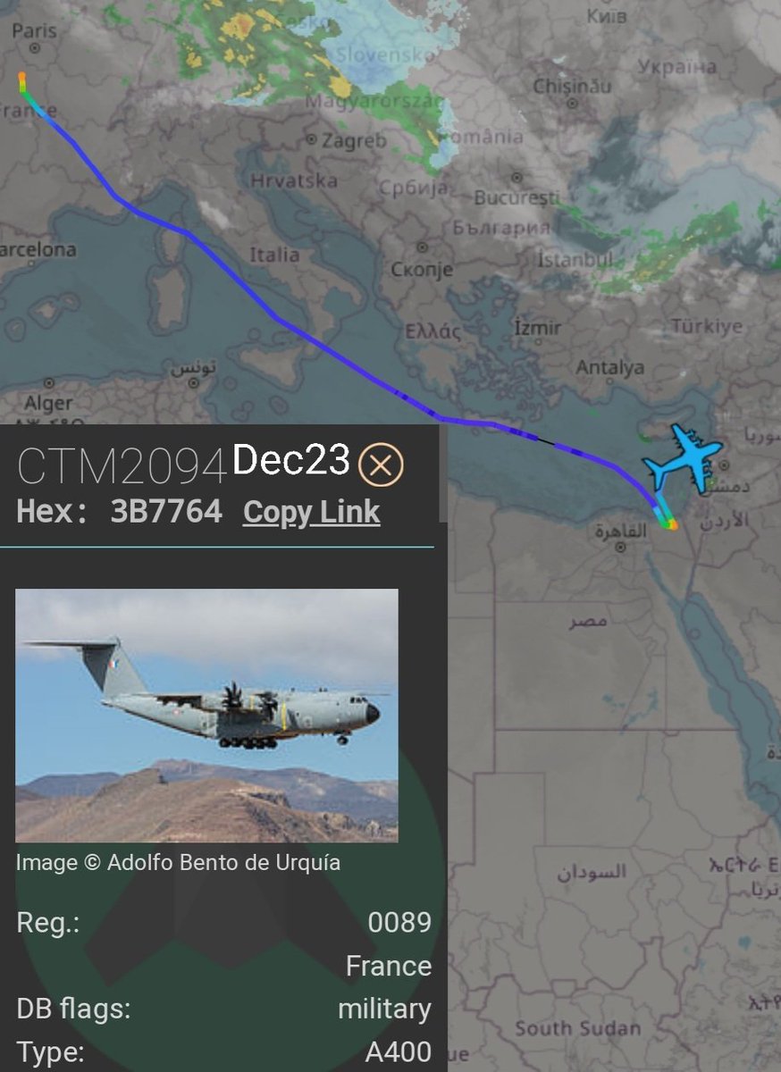 LebanonJets's tweet photo. Military: #France AirForce A400M #FRBAO reg 0089 with hex #3B7764 as #CTM2034 left #Orleans this morning to #ElArish #Egypt then expected in #Beirut after 6pm, same aircraft on the same journey as Dec23 https://t.co/sxBvvSVUyv